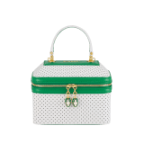 Casablanca x Bulgari small jewellery box bag in white Tennis Groundstroke perforated calf leather with smooth tennis green calf leather inserts and tennis green nappa leather lining. Captivating snakehead zip pullers in gold-plated brass embellished with dégradé green and bright white enamel scales, and green malachite eyes. 292332 image 1