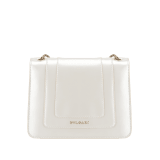 “Serpenti Forever” crossbody bag in agate-white calfskin with a polished, pearly finish and black grosgrain inner lining. Alluring snakehead closure in light gold-plated brass enriched with black and pearly, agate-white enamel and black onyx eyes 422-VCL image 3