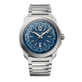 Octo Roma WorldTimer watch with interchangeable satin-polished stainless steel bracelet and additional blue rubber strap, satin-polished stainless steel case and matte blue Clous de Paris dial. Mechanical manufacture movement with automatic winding, WorldTimer, 24 time zones and 24-hour indicator. Water-resistant up to 100 metres. 103762 image 1