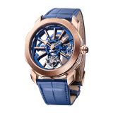 Octo Roma Tourbillon Sapphire watch with mechanical manufacture skeletonised movement with manual winding and flying tourbillon, 44 mm 18 kt rose gold case, sapphire middle case, blue calibre decorated with 18 kt rose gold indexes on the bridges and blue alligator strap. Water-resistant up to 50 metres. 103699 image 2