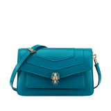 Serpenti Forever East-West small shoulder bag in black calf leather with emerald green grosgrain lining. Captivating snakehead magnetic closure in light gold-plated brass embellished with black and white agate enamel scales, and green malachite eyes. 1237-CLa image 1
