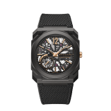 Octo Finissimo Skeleton 8 Days watch with mechanical manufacture ultra-thin movement (2.50 mm thin), manual winding, 8 days power reserve, black DLC-coated titanium case, openwork dial, rose gold-plated hands and indexes, black rubber bracelet. Water-resistant up to 30 metres 104121 image 1
