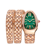 Serpenti Spiga double-spiral watch with 18 kt rose gold case set with diamonds, malachite dial and 18 kt rose gold bracelet partially set with brilliant-cut diamonds. Water-resistant up to 30 metres. Small size SERPENTI-SPIGA-2T image 2
