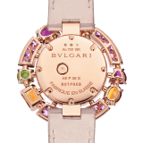 Allegra watch with 18 kt rose gold case set with brilliant-cut diamonds and 32 pink sapphires, 1 pink tourmaline, 3 citrines, 2 dark pink rhodolite and 2 peridots, mother-of-pearl dial, 12 diamond indexes and light pink iridescent alligator bracelet. Water resistant up to 30 meters 103713 image 4