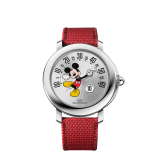 Gérald Genta Arena Retrograde watch with smiling Disney Mickey Mouse, mechanical movement with automatic winding, retrograde minutes and jumping hours, 42 hours of power reserve, 41 mm polished stainless steel case, transparent case back, silvered sunray dial with stickers and lacquered Mickey Mouse arm and texturized red rubber bracelet. Water-resistant up to 100 meters. Limited Edition of 150 pieces. Online Exclusive. 103613 image 1