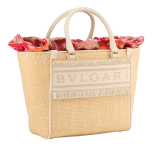 Bulgari Logo medium tote bag in beige raffia with ivory opal calf leather details, beige raffia fringes and beetroot spinel fuchsia nappa leather lining. Iconic Bulgari logo stitched motif, detachable satin satchel with multicolored print outside and beetroot spinel fuchsia inside, and drawstring closure with captivating snakeheads in light gold-plated brass. 292073 image 9