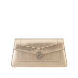 Serpenti Forever clutch in light gold striated calf leather with crystal rose nappa leather lining. Captivating snakehead magnetic closure in light gold-plated brass embellished with pavé-set black zirconia stones, and black onyx eyes. 295468 image 1