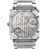 Octo Finissimo S watch with mechanical manufacture movement, automatic winding, platinum micro-rotor, hours, minutes and small seconds, extra-thin satin-polished stainless steel case, transparent case back, polished stainless steel screw-down crown set with ceramic inlay, silvered brushed dial, brushed stainless steel bracelet with polished parts and folding clasp. Water-resistant up to 100 meters. 103464 image 4
