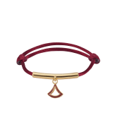 "Diva's Dream" bracelet in ruby red fabric with a gold-plated brass plate. Distinctive Diva charm in gold-plated brass enamelled in ruby red. DIVAMINISTRINGb image 1
