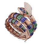 Serpenti Secret Watch with 18 kt rose gold head set with pavé diamonds and malachite eyes, 18 kt rose gold case, 18 kt rose gold dial set with brilliant cut diamonds, 18 kt rose gold double spiral bracelet coated with blue and green lacquer and set with pavé diamonds. 102446 image 1