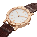 BULGARI BULGARI watch with mechanical automatic in-house movement, 18 kt rose gold case and bezel engraved with double logo, white opaline dial and brown alligator bracelet. Water resistant up to 50 meters 103968 image 2