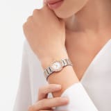 BVLGARI BVLGARI LADY watch with quartz movement, 23 mm stainless steel case, 18k rose gold bezel with logo, 18k rose gold crown set with a pink cabochon-cut stone, white mother-of-pearl dial, diamond indexes and 18k rose gold and stainless steel bracelet. 102970 image 3