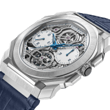 Octo Finissimo Tourbillon Skeleton Chronograph watch with mechanical manufacture ultra-thin movement (3.50 mm thick), automatic winding, single-push chronograph and tourbillon, 43 mm platinum case, openwork dial with gray chronograph counters and blue alligator bracelet. Water-resistant up to 30 meters. Limited edition of 30 pieces. 103510 image 2