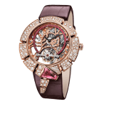 Serpenti Incantati Limited Edition watch with mechanical manufacture skeletonized movement, tourbillon and manual winding. 18 kt rose gold case set with brilliant cut diamonds, transparent dial and burgundy alligator bracelet. 102540 image 1