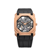 Octo Finissimo Skeleton 腕錶搭載鏤空機械機芯，手動上鍊，小秒針，動力儲存顯示，超薄 18K 玫瑰金噴砂錶殼，鏤空錶盤，黑色鱷魚皮錶帶。 102946 image 1