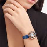 DIVAS' DREAM watch with 18 kt rose gold case set with round brilliant-cut diamonds, topazes and tanzanites, white mother-of-pearl dial and blue alligator bracelet. Water resistant up to 30 metres 103752 image 1