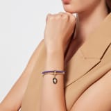 Serpenti Forever bracelet in vivid, dark amethyst purple braided calf leather and light gold-plated brass chain with magnetic clasp closure. Captivating snakehead charm with black and white agate enamel scales and black enamel eyes. SERPBRAIDCHAIN-WCL-VA image 2