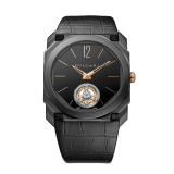 Octo Tourbillon watch with extra thin mechanical manufacture movement, manual winding and ball-bearing system, titanium case with Diamond Like Carbon treatment, black lacquered dial with tourbillon see-through opening and black alligator bracelet. 102560 image 1