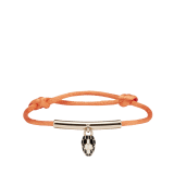 "Serpenti Forever" bracelet in Rose Gold pink fabric, with a gold-plated brass plate. Iconic snakehead charm enamelled in black and white agate, with seductive black enamel eyes. SERP-MINISTRINGa image 1
