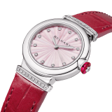 LVCEA Lady Watch , 28 mm stainless steel case and crown with a synthetic cabochon-cut rubellite, and 1 round diamond. Pink mother-of-pearls dial intarsio marquetery with 12 round brilliant cut diamonds indexes. Quartz movement, B043 caliber customized and decorated with Bulgari logo hours minutes functions. Pink alligator strap with stitches links to the case set with diamonds and steel ardillon buckle. Water proof 50 m. 103619 image 3