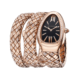 Serpenti Spiga Lady watch with quartz movement, 35 mm 18 kt rose gold case set with diamonds, 18 kt rose gold crown set with a cabochon-cut rubellite, black dial and double-spiral 18 kt rose gold bracelet set with diamonds. Quartz movement, hours, minutes functions. Size S-135 mm SERPENTI-SPIGA-2TBLACKDIALDIAM image 2