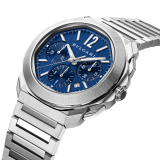 Octo Roma Chronograph watch with mechanical manufacture movement, automatic winding and chronograph functions, satin-brushed and polished stainless steel case and interchangeable bracelet, blue Clous de Paris dial. Water-resistant up to 100 metres. 103829 image 2