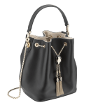 Bucket Serpenti Forever in black smooth calf leather and milky opal nappa internal lining. Hardware in light gold plated brass and snakehead closure in black and white enamel, with eyes in black onyx. 934-CLa image 2