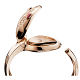 Serpenti Misteriosi Secret Watch in 18 kt rose gold case and bangle bracelet both set with round brilliant-cut diamonds, 18 kt rose gold diamond pavé dial and pear-shaped rubellite eyes. SrpntMister-SecretWtc-rose-gold2 image 3