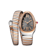 Serpenti Tubogas single spiral watch with stainless steel case, 18 kt rose gold bezel set with brilliant cut diamonds, grey lacquered dial, 18 kt rose gold and stainless steel bracelet. SERPENTI-TUBOGAS-1T-greyDialDiam image 1