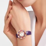 DIVAS' DREAM watch with 18 kt rose gold case set with round brilliant-cut diamonds, topazes and tanzanites, white mother-of-pearl dial and blue alligator bracelet. Water-resistant up to 30 meters. 103753 image 5