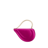 Serpenti Cuoricino mini top handle bag in magenta satin with magenta nappa leather lining. Captivating snake body-shaped top handle in light gold-plated brass embellished with engraved scales; press-button closure. SRN-001-1366XS image 2