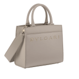 Bulgari Logo small tote bag in foggy opal grey smooth and grained calf leather with linen agate beige grosgrain lining. Iconic Bulgari logo decorative chain in light gold-plated brass, with hook fastening. BVL-1202SCLL image 2