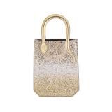 Serpentine mini tote bag in natural suede with different-size degradé gold crystals and black nappa leather lining. Captivating snake body-shaped handles in gold-plated brass embellished with engraved scales and red enamel eyes. SRN-1223-CDS image 1