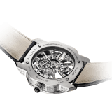 Octo Tourbillon Sapphire watch with mechanical manufacture movement, flying tourbillon, manual winding, platinum case set with 88 baguette-cut diamond, rhodium plated bridges decorated with white luminiscent bar-indexes in ITR2& SLN®, sapphire middle case, skeletonized dial and black alligator bracelet 102956 image 3