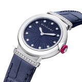 LVCEA watch with stainless steel case, stainless steel links set with brilliant-cut diamonds, blue aventurine marquetry dial, 12 diamond indexes and blue alligator bracelet. Water-resistant up to 50 metres. 103617 image 2