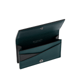 Bvlgari Bvlgari men's folded business card holder in black Urban grain calf leather with forest emerald green Urban grain calf leather interior. Iconic dark ruthenium-plated brass décor enamelled in matt black and flap closure with press button. 291680 image 2