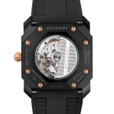 Octo watch with mechanical manufacture movement, automatic winding and date, stainless steel case treated with black Diamond Like Carbon, 18 kt rose gold bezel, black lacquered dial and black rubber bracelet. 102485 image 4