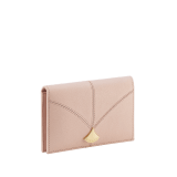Divas' Dream folded card holder in star rose pink goat leather with crystal rose nappa leather interior. Refined signature press button closure in gold-plated brass. DIVA-CC-HOLDFOLD image 1