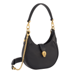 Serpenti Ellipse small crossbody bag in Urban grain and smooth ivory opal calf leather with flamingo quartz pink gros grain lining. Captivating snakehead closure in gold-plated brass embellished with black onyx scales and red enamel eyes. 1204-UCL image 2