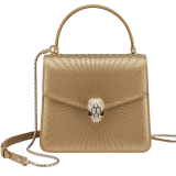 Serpenti Forever top handle bag in ivory opal laser-cut calf leather with caramel topaz beige nappa leather lining. Captivating snakehead closure in light gold-plated brass embellished with matt and shiny ivory opal enamel scales and black onyx eyes. 752-LCL image 1