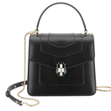 “Serpenti Forever ” top-handle bag in Lavender Amethyst lilac calf leather with Reef Coral red grosgrain inner lining. Iconic snakehead closure in light gold-plated brass embellished with black and white agate enamel and green malachite eyes 1122-CLa image 1