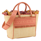 Bulgari Logo medium tote bag in beige raffia with coral carnelian orange calf leather details and customisable tag with hot stamped "Saudi" inscription on one side, coral carnelian orange raffia fringes and beetroot spinel fuchsia nappa leather lining. Iconic Bulgari logo stitched motif, detachable satin satchel with multicoloured print outside and beetroot spinel fuchsia inside, and drawstring closure with captivating snakeheads in light gold-plated brass. Special Resort Edition exclusive to Saudi Arabia. 292510 image 6