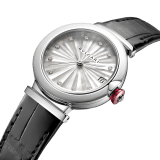LVCEA watch with mechanical manufacture movement with automatic winding, stainless steel case, white mother-of-pearl marquetry dial, diamond indexes and black alligator bracelet. Water-resistant up to 50 metres 103478 image 2