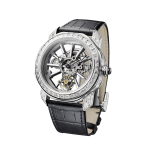 Octo Tourbillon Sapphire watch with mechanical manufacture movement, flying tourbillon, manual winding, platinum case set with 88 baguette-cut diamond, rhodium plated bridges decorated with white luminiscent bar-indexes in ITR2& SLN®, sapphire middle case, skeletonized dial and black alligator bracelet 102956 image 1