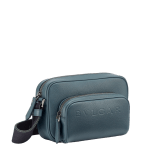 BULGARI Man small camera bag in black smooth and grainy metal-free calf leather with Olympian sapphire blue regenerated nylon (ECONYL®) lining. Dark ruthenium-plated brass hardware, hot stamped BULGARI logo and zipped closure. BMA-1206-CL image 2