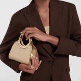 Bvlgari Roma mini top handle bag in flash diamond white Metropolitan calf leather with milky opal nappa leather lining. Iconic metal detail in palladium-plated brass engraved with the Bvlgari logo, and magnetic press-button closure. BVR-001-1310XS-CALF image 1