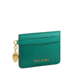 Serpenti Forever card holder in emerald green dégradé lizard skin. Captivating snakehead charm in light gold-plated brass embellished with red enamel eyes. 292601 image 1