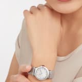 LVCEA watch with polished stainless steel case, white mother-of-pearl marquetry dial, 11 diamond indexes, stainless steel links set with diamonds and gray alligator bracelet. Water-resistant up to 50 meters 103367 image 2