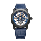 Octo Roma Tourbillon Sapphire watch with mechanical manufacture movement, flying tourbillon, manual winding, titanium case with black Diamond Like Carbon treatment, sapphire middle case, blue PVD calibre decorated with 18 kt rose gold indexes on the bridges and blue alligator bracelet 103154 image 1