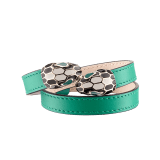 Serpenti Forever two-coil bracelet in emerald green calf leather. Captivating single-rivet contraire snakehead closure in light gold-plated brass embellished with black and white agate enamel scales and green enamel eyes. MCSerp-CL-EG image 2